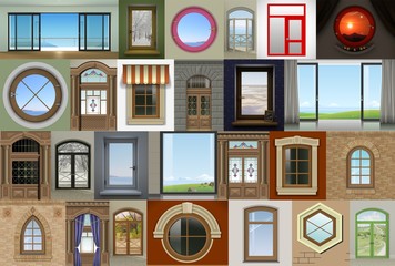 Collage of different windows and doors. 3D illustration