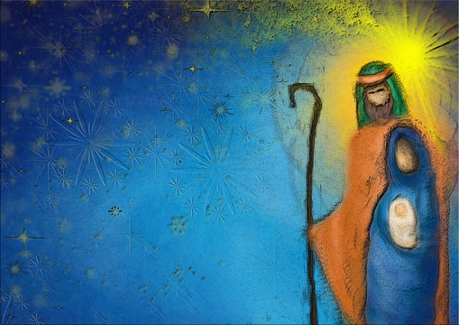 Christmas religious nativity scene, Holy family abstract artistic watercolor illustration Mary Joseph and Jesus in the starry night