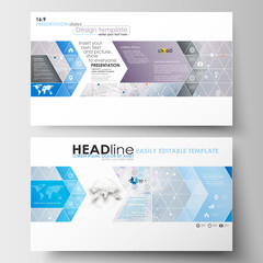 Business templates in HD format for presentation slides. Easy editable layouts in flat design. Molecule structure on blue background. Science, healthcare, medical vector.