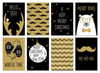 Christmas hipster greeting card templates. Gold glitter, black and white colors. Christmas and New Year gift tags. Golden deer antlers, mustache, polar bear, mittens, chevron. Holiday hipster style.