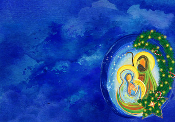 Christmas religious nativity scene, Holy family abstract watercolor illustration Mary Joseph and Jesus in the starry night with copy space for text