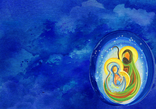 Christmas religious nativity scene, Holy family abstract watercolor illustration Mary Joseph and Jesus in the starry night with copy space for text