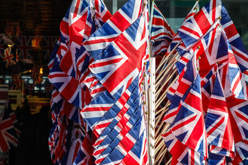Fototapeta na wymiar Flags of the United Kingdom displayed outside a souvenir shop in London