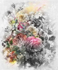 Fototapety  Malarstwo akwarela streszczenie kolorowe kwiaty. Wiosenne wielokolorowe kwiaty