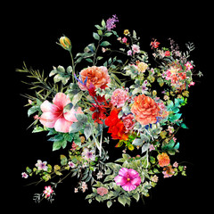 Fototapeta premium watercolor painting of leaves and flower, on dark background