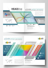 Business templates for bi fold brochure, magazine, flyer. Cover template, easy editable vector, flat layout in A4 size. Colorful design background with abstract shapes and waves, overlap effect.