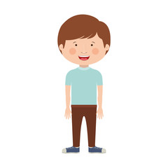 boy smiling wearing blue t-shirt and brown pants over white background. vector illustration