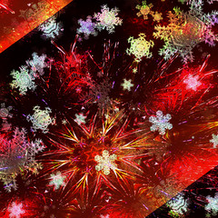Abstract christmas background with glittering stars and snowflakes. Red, gold, white and black glowing christmas star with stylized needles and flying snowflakes