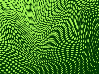 Halftone effect deformed into bulges and waves. Reptile skin resemblance. Vector background