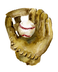 watercolor sketch of baseball glove and ball on white background