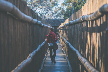 Woman walking in wooden narrow walkway. Protection for tourists in nature and wildlife reserve in South Africa. Concept of adventure and traveling people. Toned image.