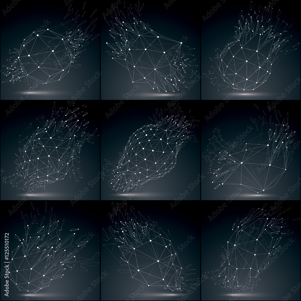 Poster set of 3d vector low poly objects with white connected lines and