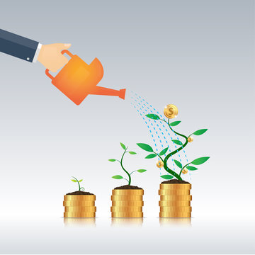 Business hand can watering money tree , business growth concept ,Vector