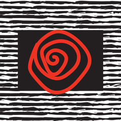 Stylized rose on black and white striped background. Vector illustration