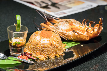 fried rice with shrimp close up.
