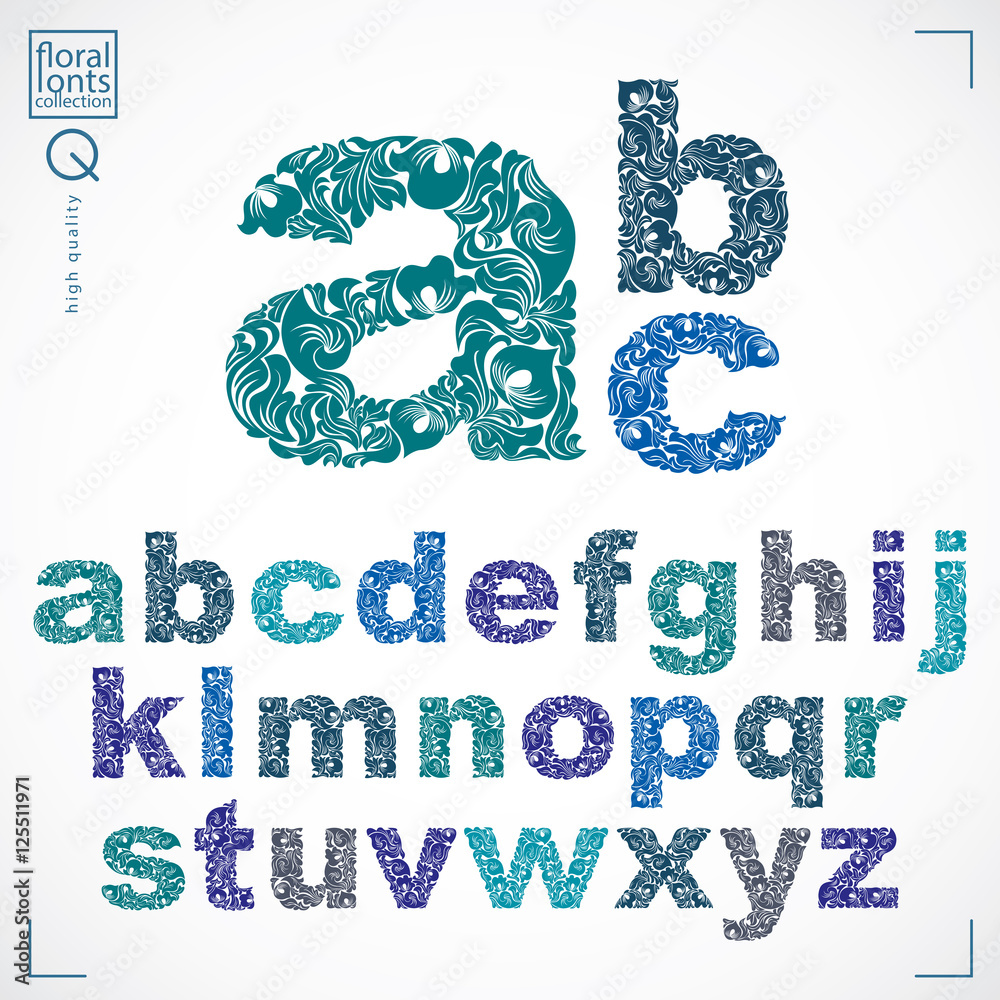 Fototapete set of vector ornate lowercase letters, flower-patterned typescr