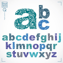 Set of vector ornate lowercase letters, flower-patterned typescr