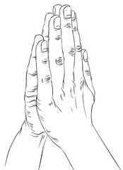 Praying hands, detailed black and white lines vector illustratio