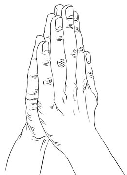 Praying hands, detailed black and white lines vector illustratio