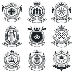 Vintage heraldry design templates, vector emblems. Collection of