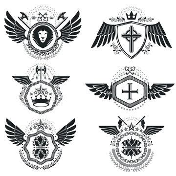Vintage heraldry design templates, vector emblems. Collection of