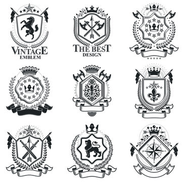 Vintage heraldry design templates, vector emblems. Collection of