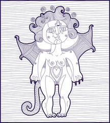 Vector lined monochrome illustration of bizarre creature, nude w