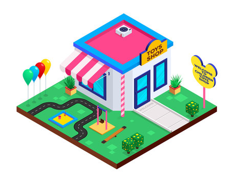 Isometric Children Toys Shop. Flat isometric icon. Toy Shop in isometric style with swings, balloons and sandbox. Vector illustration