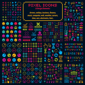 Vector flat 8 bit icons, collection of simple geometric pixel sy