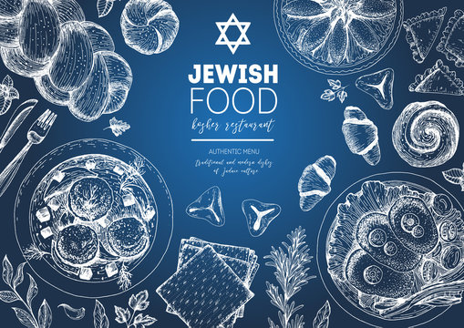 Jewish cuisine top view chalkboad frame. Jewish food menu design. Kosher food. Vintage hand drawn sketch vector illustration. Linear graphic