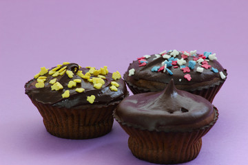 Close up of sweet homemade chocolate cupcakes with frosting on top with sugar sprinkles. Selective focus. 
