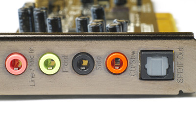 computer sound card backplate with connectors, macro