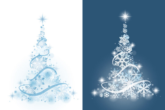 Christmas tree from snowflakes on white and blue background