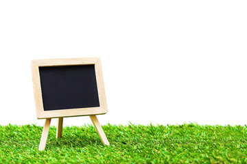 chalkboard with easel stand on green grass isolated white background
