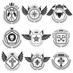 Fototapeta premium Heraldic emblems isolated vector illustrations. Collection of sy