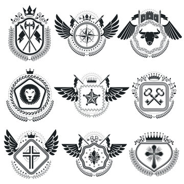 Heraldic emblems isolated vector illustrations. Collection of sy