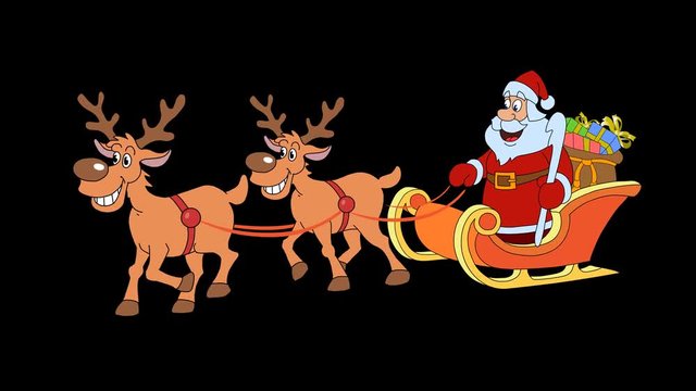 Christmas sleigh with 2 reindeer and Santa Claus. 29.97 fps. Hand-drawn animation with an alpha channel. Loop.