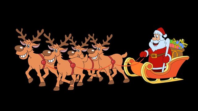 Christmas sleigh with 4 reindeer and Santa Claus. 29.97 fps. Hand-drawn animation with an alpha channel. Loop.