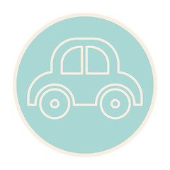 blue button with baby car toy icon inside over white background. vector illustration