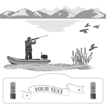 
A man stands in a rubber boat and shoot a rifle. Ducks are flying. on the far background of mountains and clouds. Isolate on white background.

