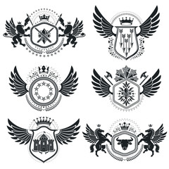 Vintage decorative emblems compositions, heraldic vectors. Class