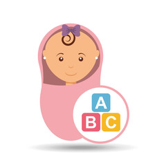 cute newborn girl on pink blanket and cube alphabet vector illustration eps 10