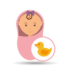 cute newborn girl on pink blanket and rubber duck vector illustration eps 10