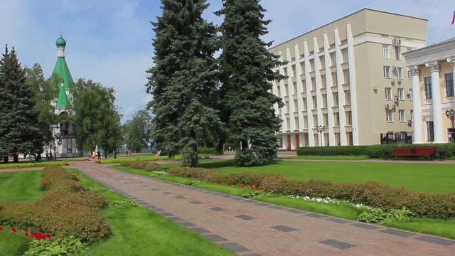 NIZHNY NOVGOROD, RUSSIA - JUL 19, 2015: You can visit the area inside the Nizhny Novgorod Kremlin, where many wonderful buildings