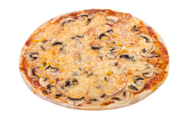Italian pizza with mushrooms and corn. isolated over white