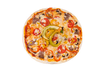 italian pizza with salami, chilli, bacon and mushrooms. isolated