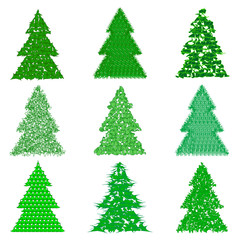 Collection of green fur-trees in cartoon style on white background