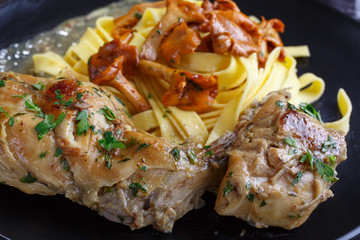Tagliatelle with chanterelles and stewed rabbit on black terelke. side and top view. Italian pasta homemade food. setout