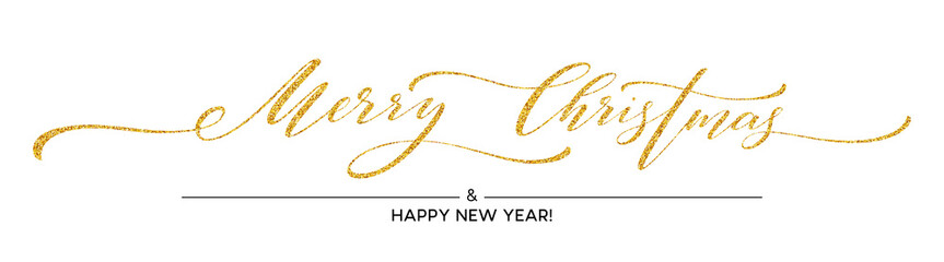 Gold glitter Merry Christmas lettering design. Greeting card with golden glittering decoration. Vector illustration