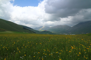 Castelluccio and the valley (Norcia region, Italy) as seen before the devastating earthquake of October 2016. Now the town of Castelluccio is almost completely destroyed.